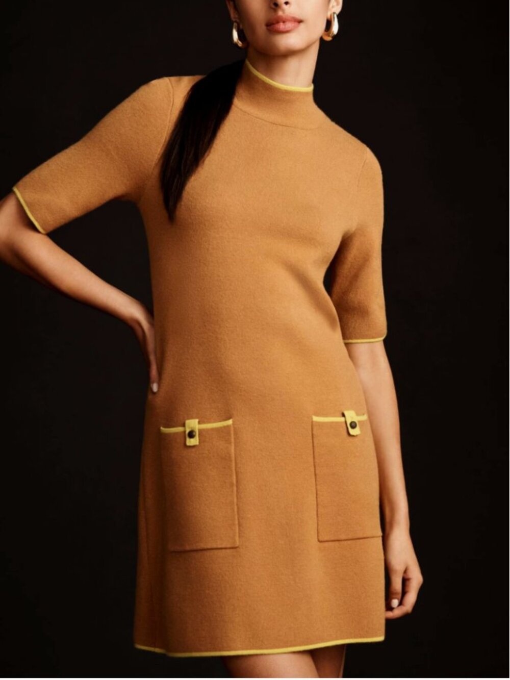 Anthropologie Maeve Annelise Mock Neck Mini Sweater Dress in Brown & Yellow - 2X